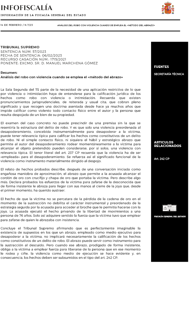 Análisis del robo con violencia cuando se emplea el «método del abrazo»