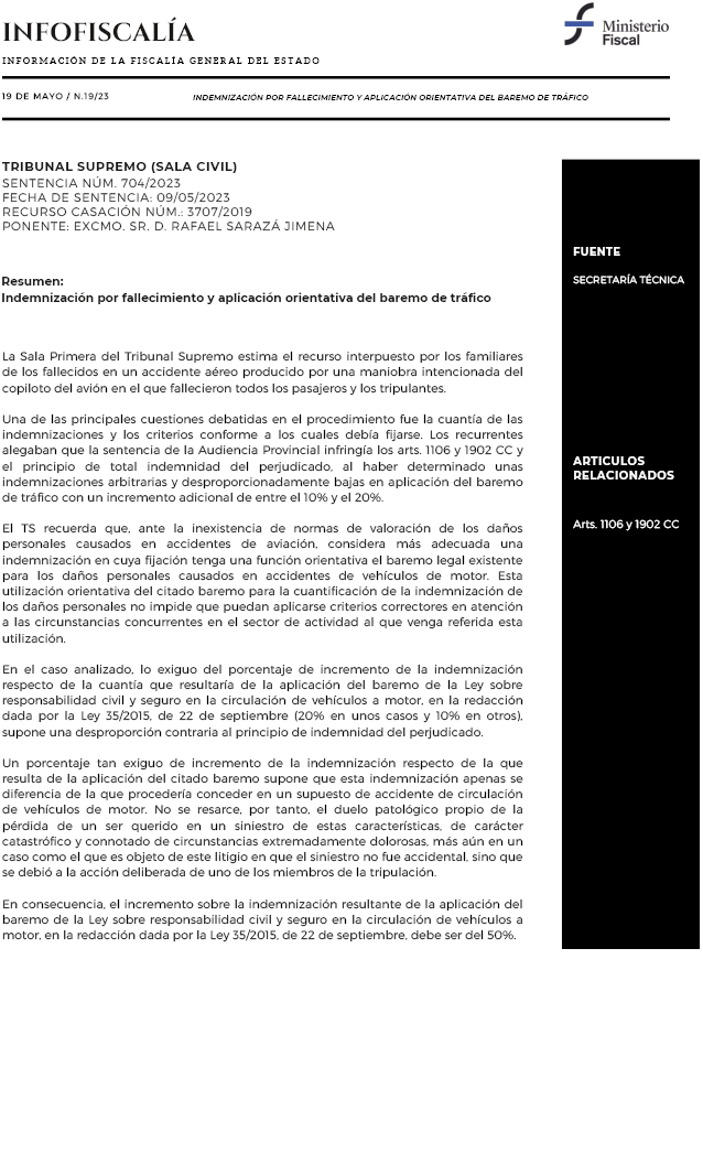 Indemnización por fallecimiento y aplicación orientativa del baremo de tráfico