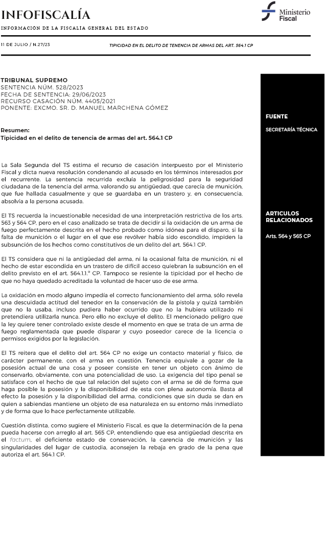 Tipicidad en el delito de tenencia de armas del art. 564.1 CP 
