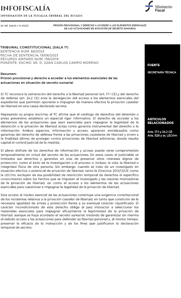 Prisión provisional y derecho a acceder a los elementos esenciales de las actuaciones en situación de secreto sumarial