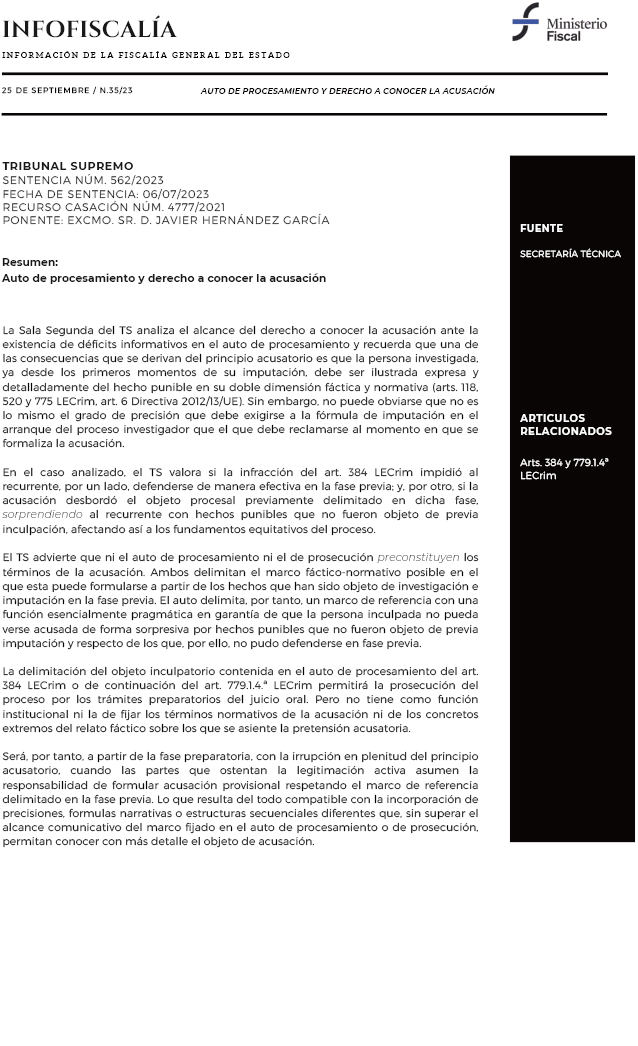 Auto de procesamiento y derecho a conocer la acusación
