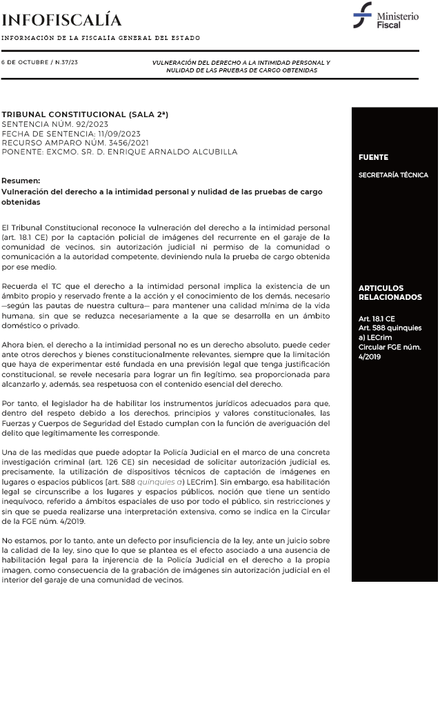 Vulneración del derecho a la intimidad personal y nulidad de las pruebas de cargo obtenidas
