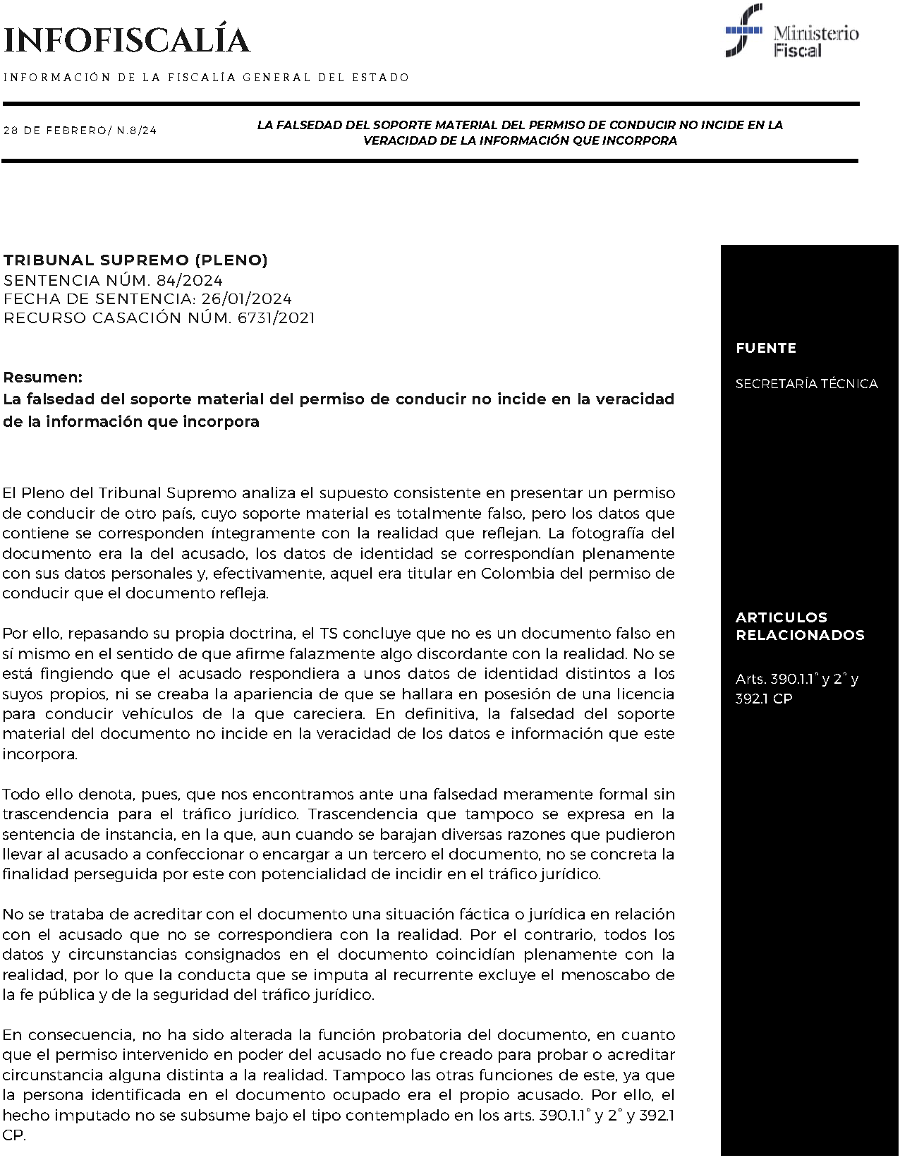 La falsedad del soporte material del permiso de conducir no incide en la veracidad de la información que incorpora