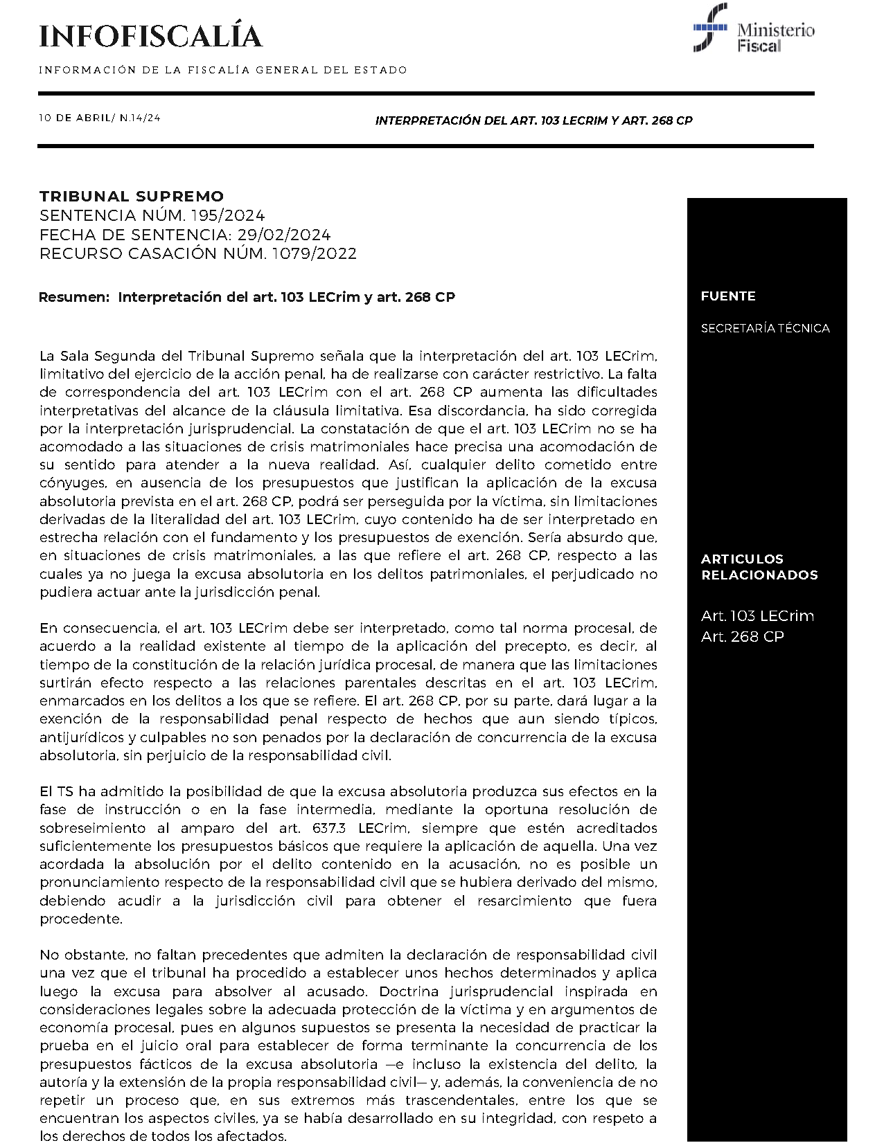Interpretación del art. 103 LECrim y art. 268 CP