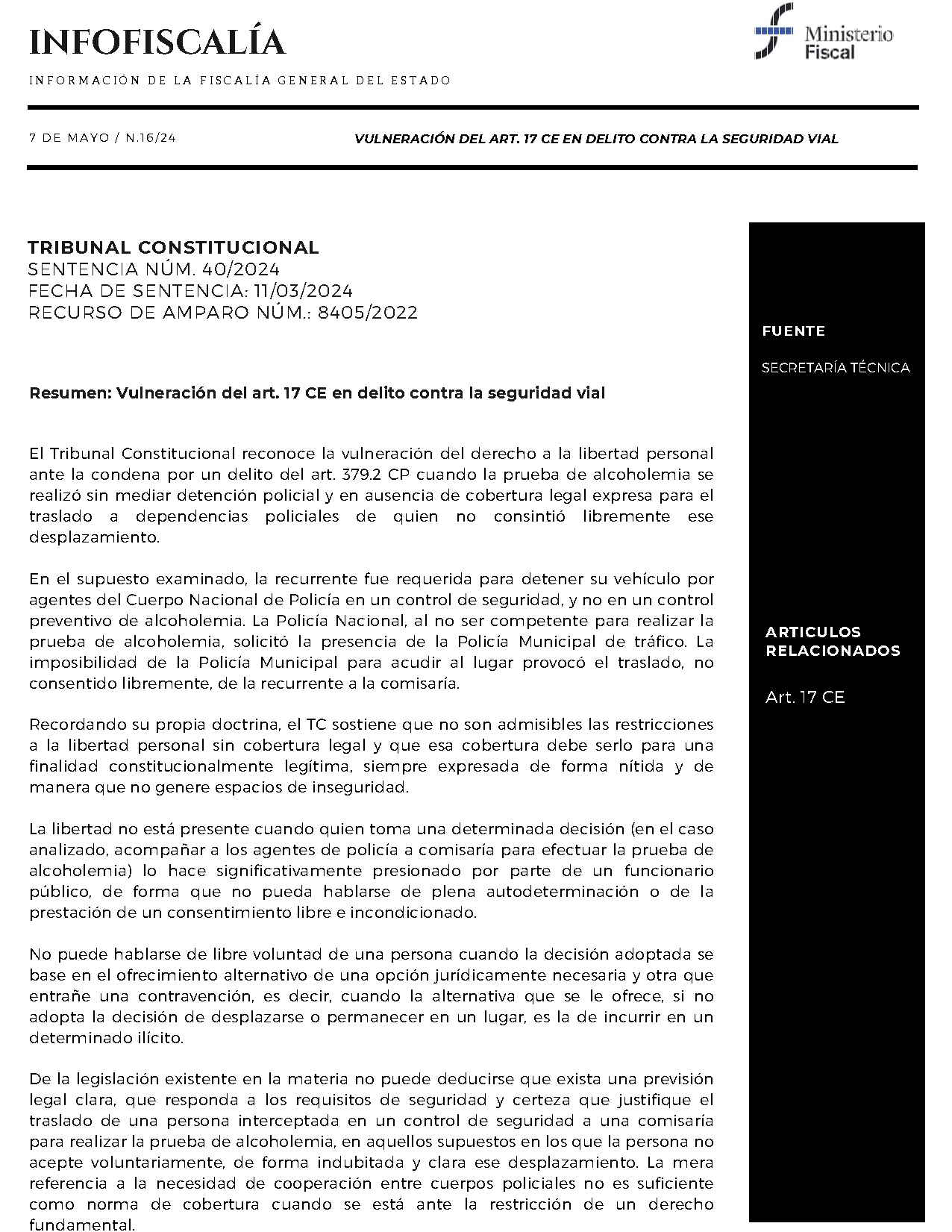 Vulneración del art. 17 CE en delito contra la seguridad vial